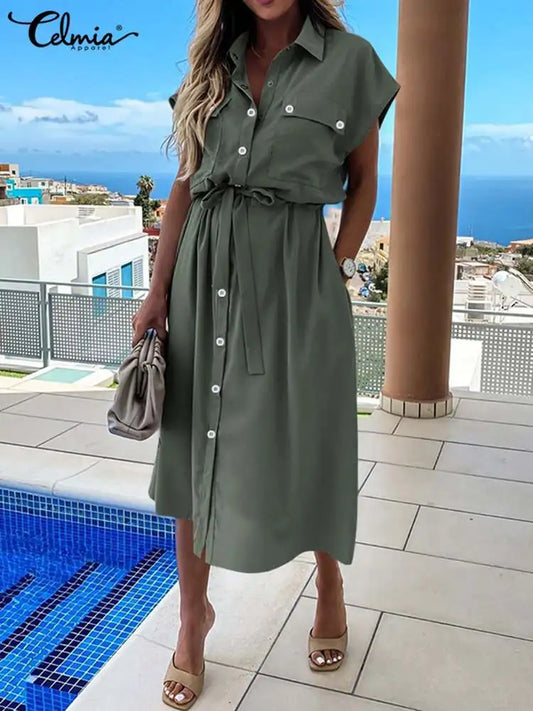 Celmia Summer Fashion Lapel Shirt Dress Women Streetwear Cargo Sundress Casual Sash Work Robes Short Sleeve Buttons Vestidos