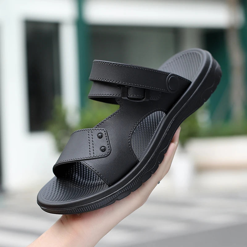 Men's Slippers Summer New Sandals Men PU Leather Sandals Adult Thick-soled Beach Shoes Non-slip Open-toe Sandals