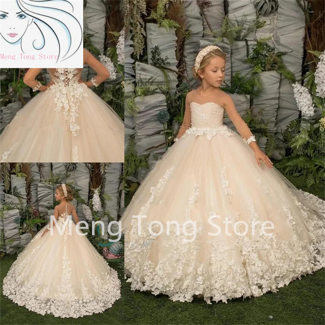 Elegance Flower Girl Dress Three Quartersleeve Appliqué Children Wedding Party Gowns New Kids Clothes Princess First Communion