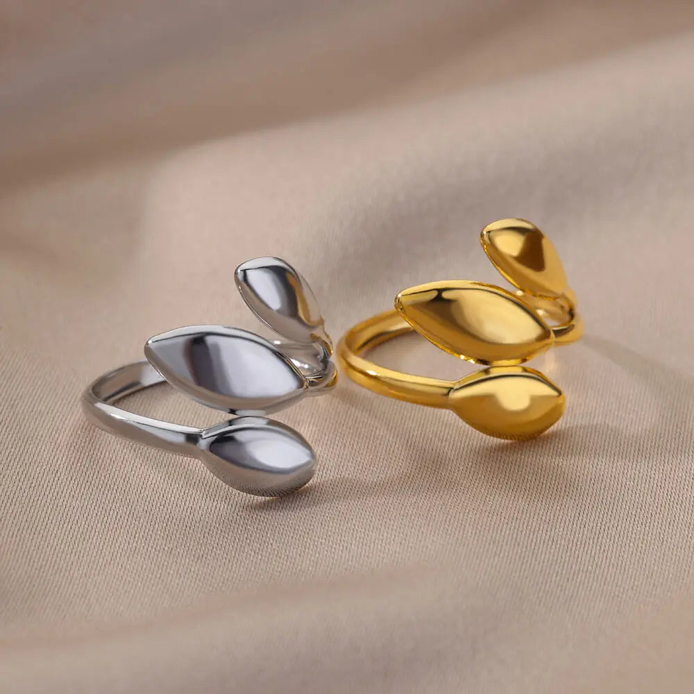 Exquisite Stainless Steel Tree Branch Leaves Rings For Women Men Open Gold Color Leaf Ring Wedding Aesthetic Jewelry Party Gift