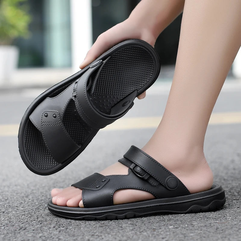 Men's Slippers Summer New Sandals Men PU Leather Sandals Adult Thick-soled Beach Shoes Non-slip Open-toe Sandals