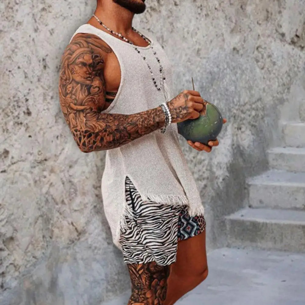 Men Tank Top Solid Color Sleeveless O Neck Knitted Summer Ripped Split T-shirt Tassel	Men Vest Daily Clothes Men's Clothing