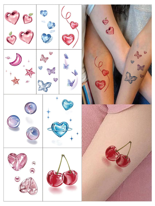 10pcs New Cartoon Pattern Colored Flower Heart Temporary Tattoo Stickers for Women 7-15 Days Permanent Waterproof Magic Tattoo