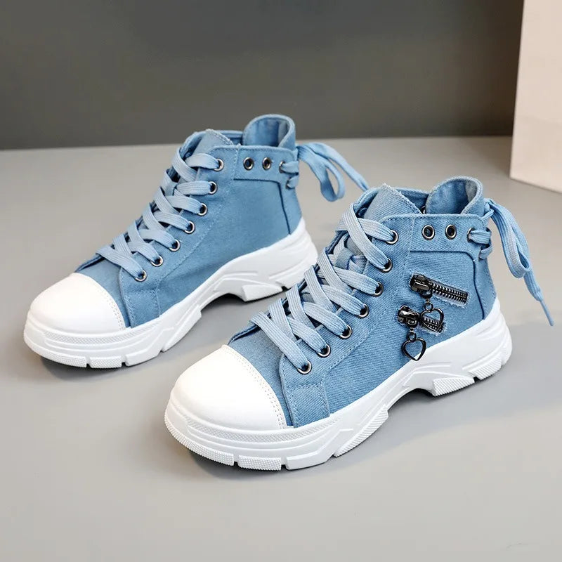 New Canvas High-top Women Shoes 2024 Spring Breathable Denim Sneakers Women Summer Thick Bottom Heightening Sports Casual Shoes