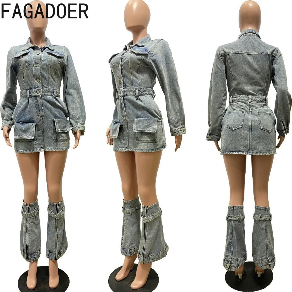 FAGADOER Fashion Button Long Sleeve Denim Mini Dress Women Turndown Collar Pocket with Leg Cover Clothing Female Cowboy Vestidos