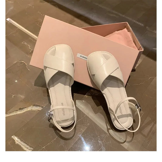 New Summer Fragrant Style Hollow Out One Line Buckle Low Heel Sandals for Children's Solid Color Baotou Flat Bottom Beach Shoes