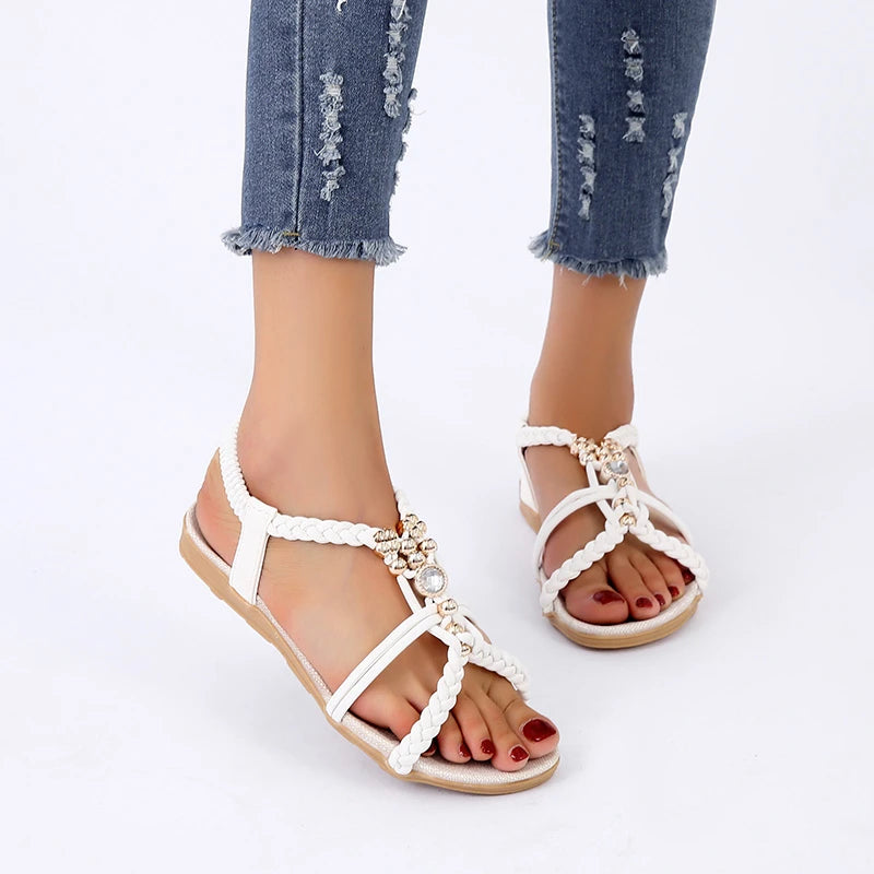 Summer New Flats Women's Rhinestone Knitting Round Toe Low Heel Beach Shoes Women's Sandals Pullovers