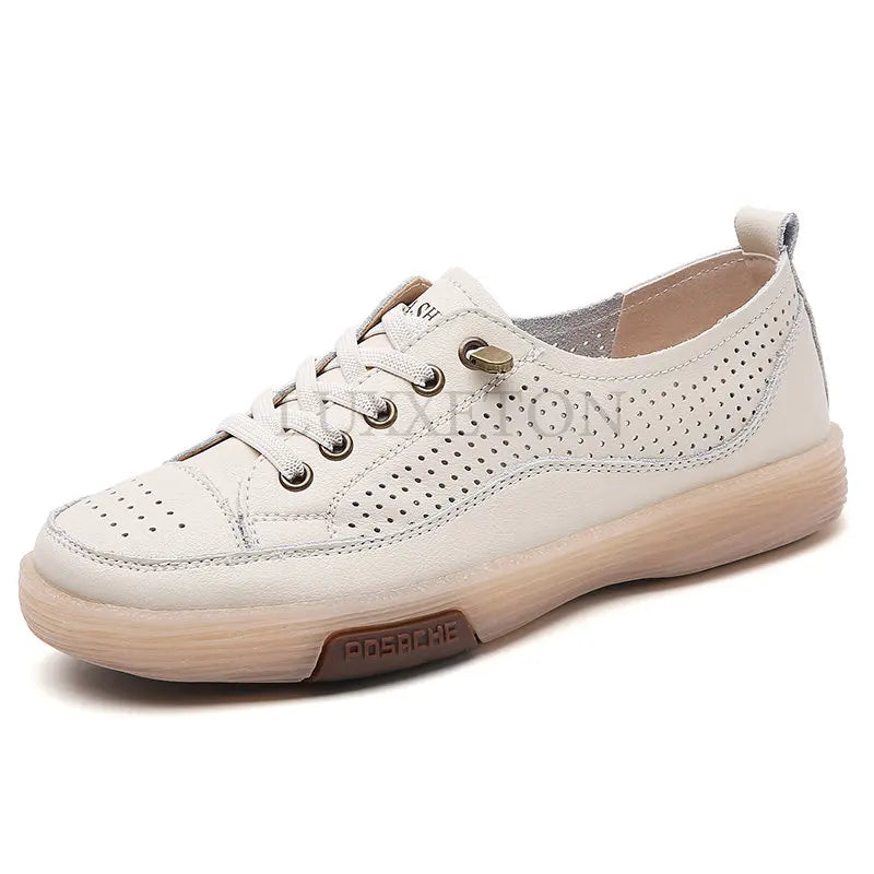 Women Flat Shoes Summer Breathable Cutout Casual Shoes Ladies Soft Bottom Genuine Leather Flats White Shoes Woman