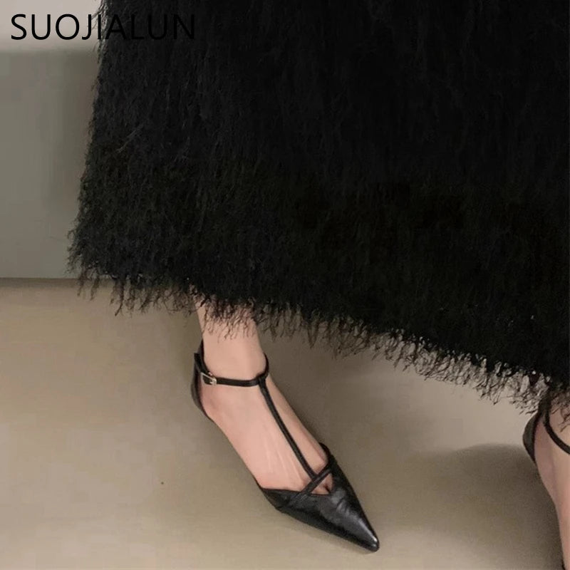 SUOJIALUN Spring New Women Sandal Fashion Pointed Toe Shallow Ladies Elegant Slingback Shoes Thin Low Heel Outdoor Dress Pumps