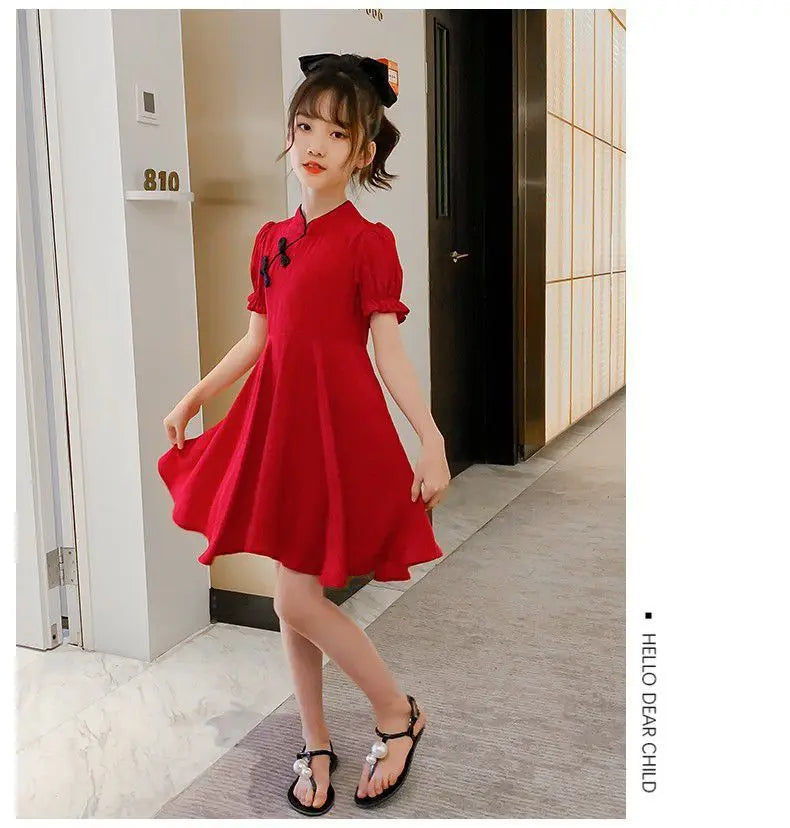 2024 summer Kids Girls solid chinese red Cheongsam Qipao Princess Teenager New Year Dresses Clothing 4 7 8 9 10 12 14 Years