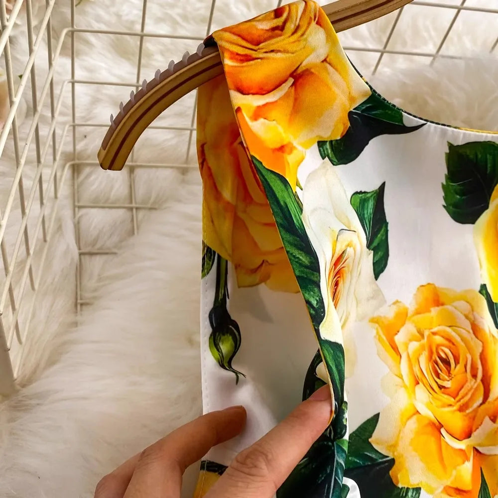 Fashion Runway Summer Midi Long Women Dress O-Neck Sleeveless Elegant Yellow Rose Print  Office Lady Work Wear Vestidos 6839