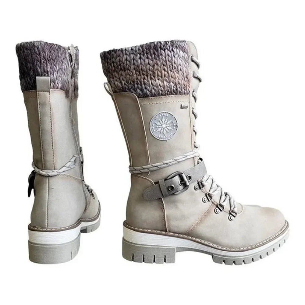 High-quality Winter Warm Boots Women's Winter Side-pull Lace-up Knitted Mid-tube Boots Low-heeled Round-toe Boots Botas De Mujer