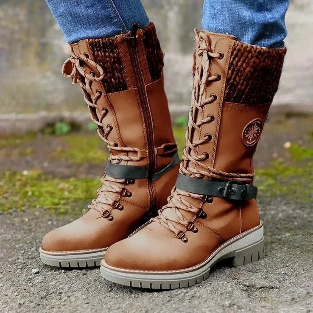 High-quality Winter Warm Boots Women's Winter Side-pull Lace-up Knitted Mid-tube Boots Low-heeled Round-toe Boots Botas De Mujer