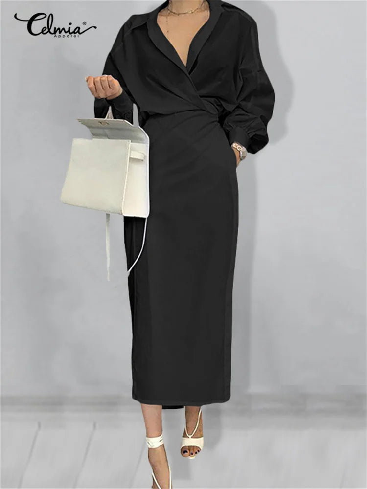 Women Casual Belted Shirt Dress Celmia Elegant Lapel Lantern Long Sleeve Leisure Midi Dress 2023 Fashion Solid Party Vestidos