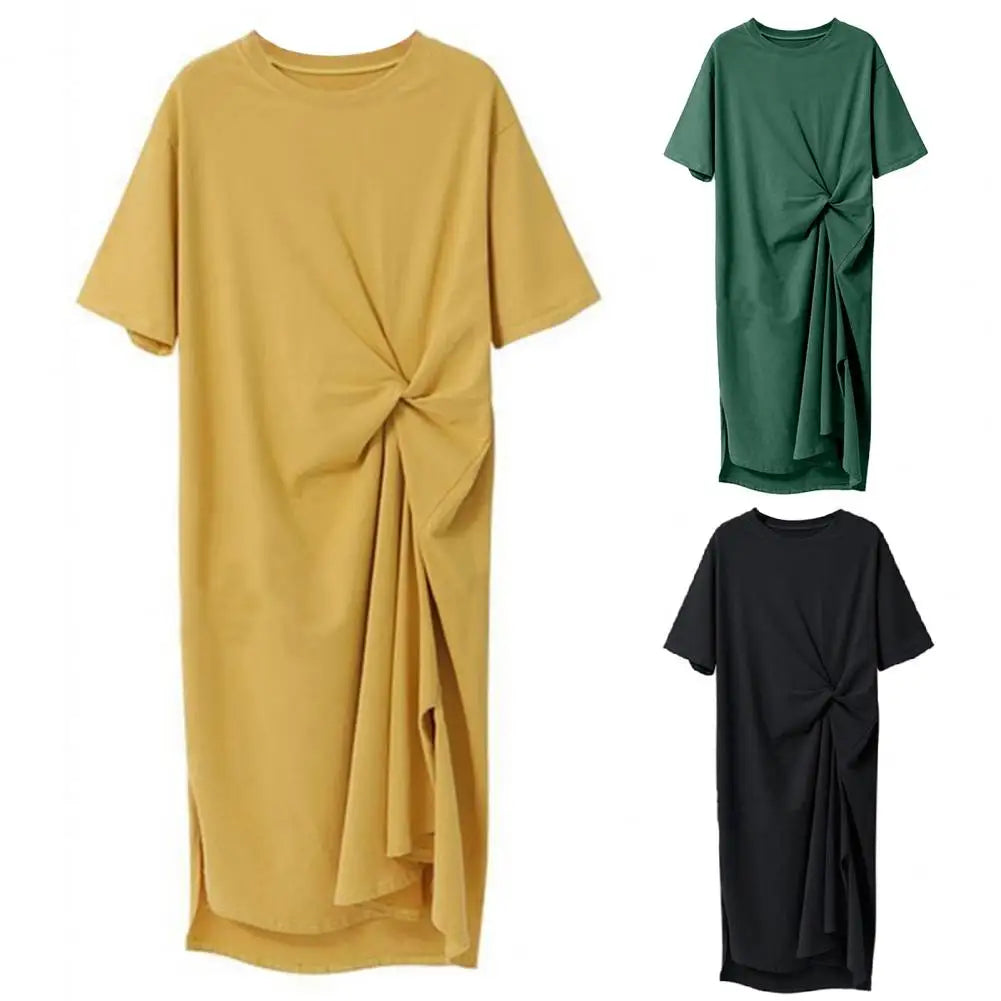 Women Summer Midi Dress Elegant O-neck Ruched Midi Dress for Women Short Sleeve Knot Design Work Dress with Side for Summer