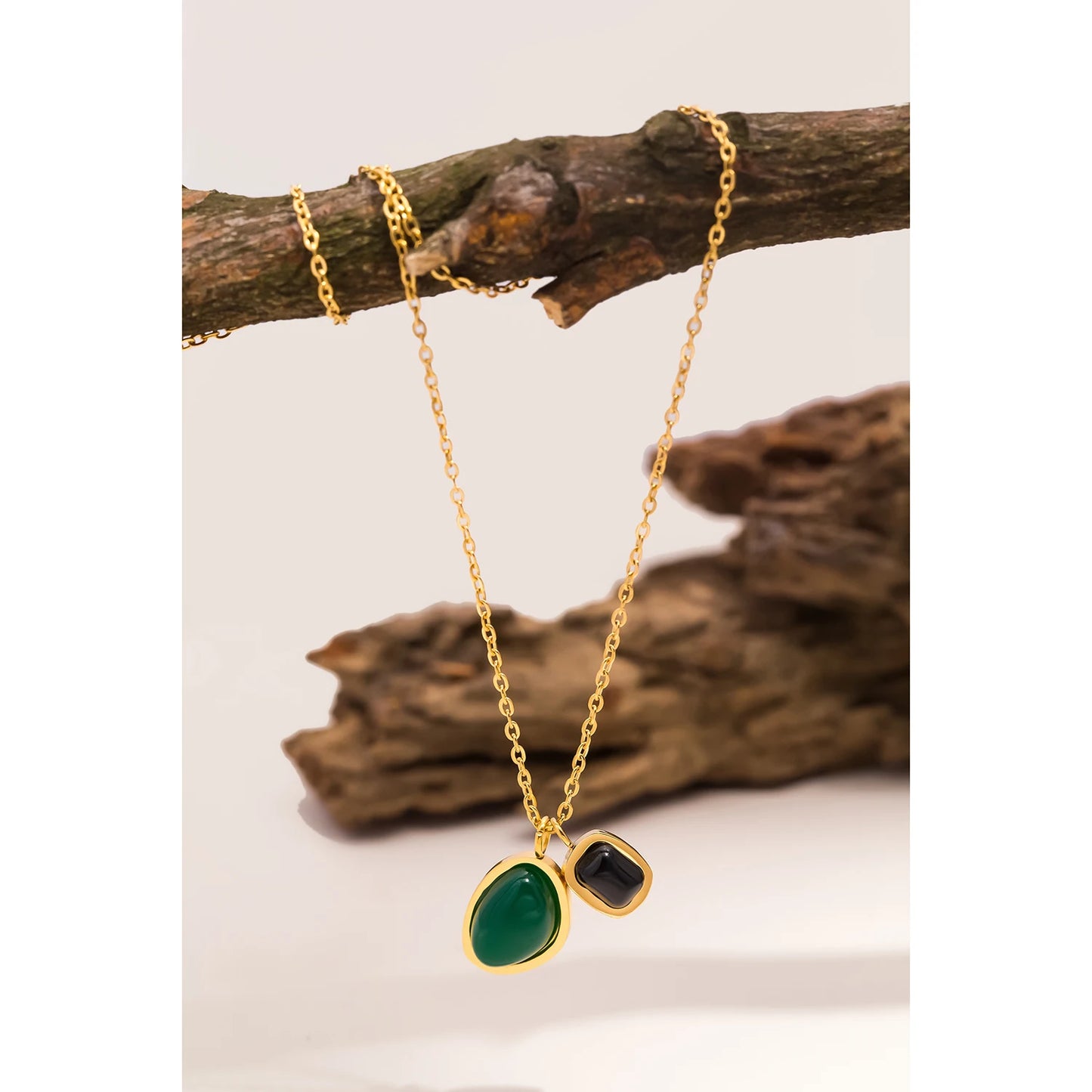 Emerald and Black Gemstone Double Pendant Necklace for Women, Stainless Steel Chain Jewelry, Earrings and Ankles