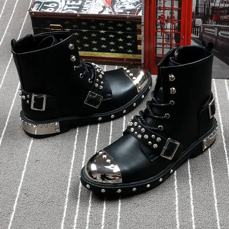 Spring and Autumnmen's Leather Boots Punk Style Rivet Metal Motorcycle Fashion High Top Short Men Boots Genuine Leather