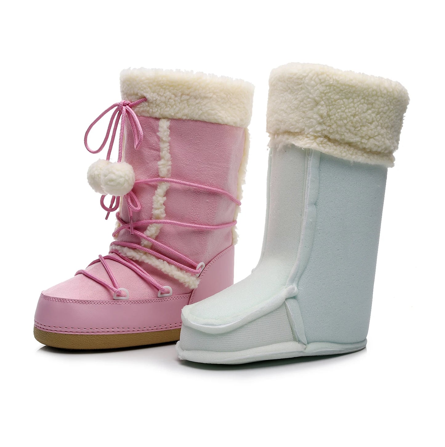 Free Ship Women Snow Boots Warm Plush Comfortable Platform Shoes Lady Lace-up Mid-Calf Pink Boots Non-slip Winter Shoes Booties