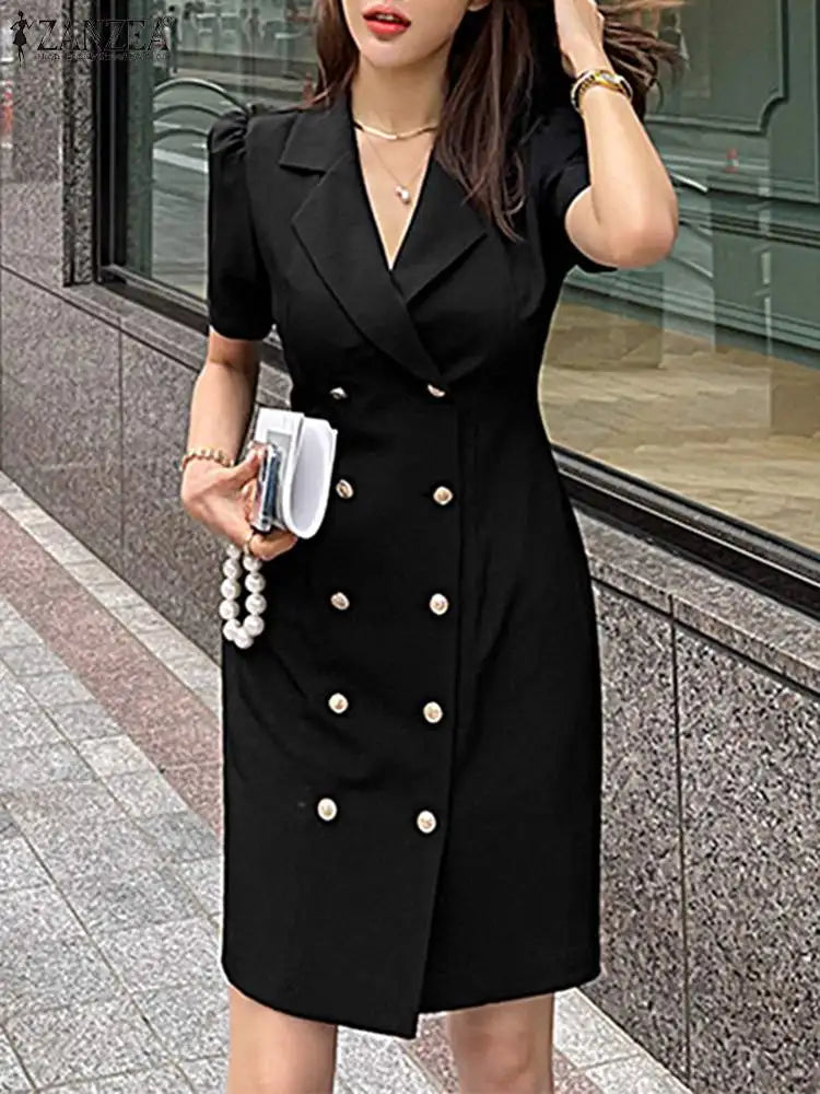 ZANZEA Elegant Office Lady Suit Dresses Korean Fashion Women Cinched Waist Short Sleeve Mini Dress Summer Slim Fit Short Vestido