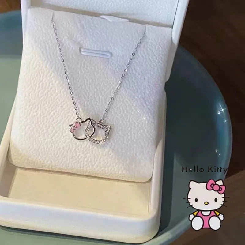 Cute Cartoon HelloKittys Necklace Sanrio Anime Double Ring Collarbone Chain Girl Fashion Pendant Women Jewelry Birthday Gift