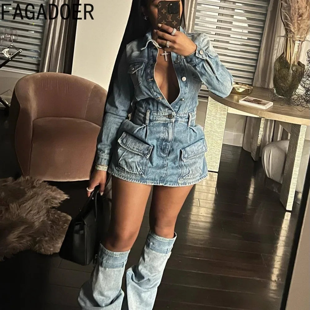 FAGADOER Fashion Button Long Sleeve Denim Mini Dress Women Turndown Collar Pocket with Leg Cover Clothing Female Cowboy Vestidos