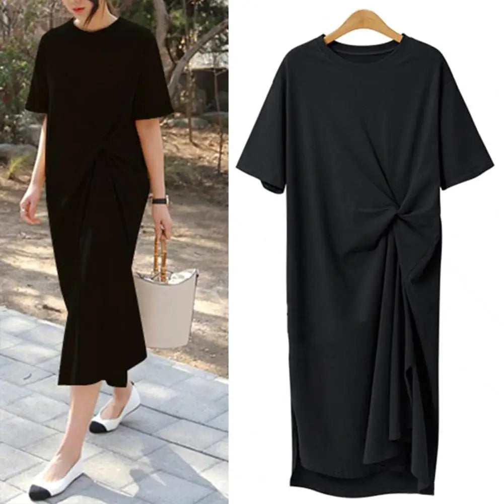 Women Summer Midi Dress Elegant O-neck Ruched Midi Dress for Women Short Sleeve Knot Design Work Dress with Side for Summer