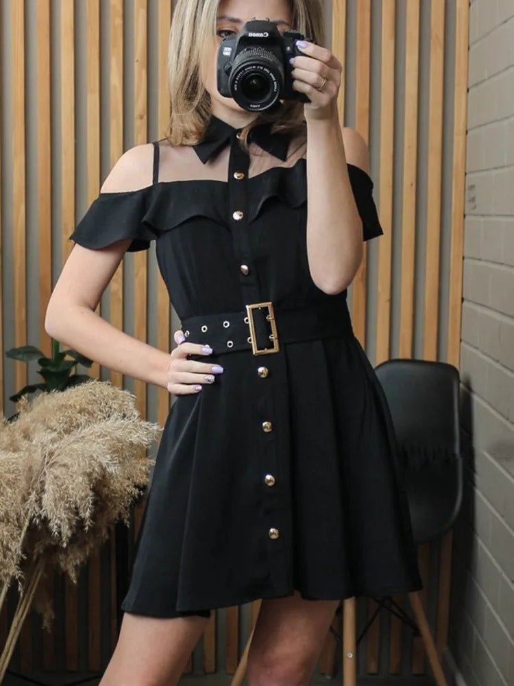 Korean OL New Single Breasted Women Summer Dress 2022 Sweet Chic Black office work Short mini Dresses With Belt Vestidos jurken