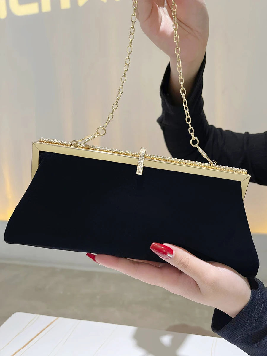 Black Velvet Dinner Clutch Wedding Party Handbag Annual Meeting Small Bag With Formal Purse Single Shoulder Fashion Evening Bag