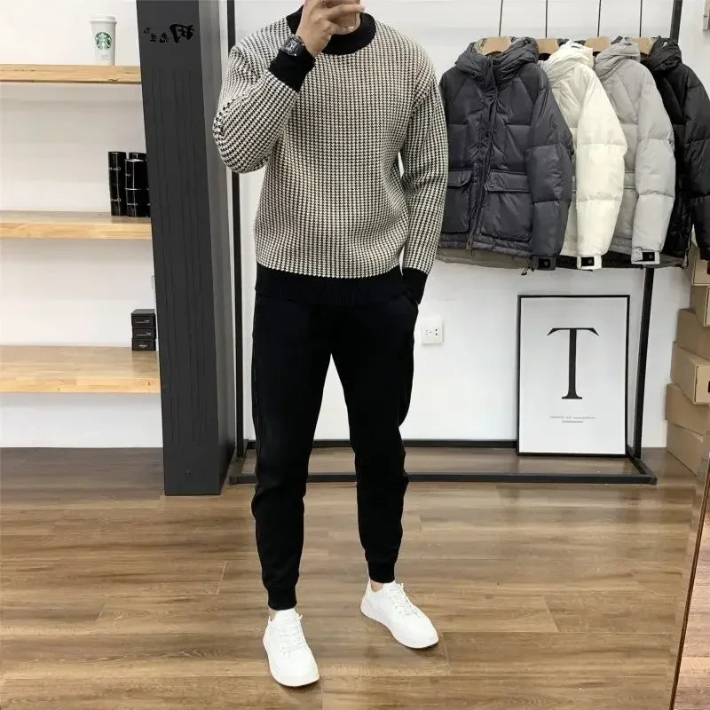 Man Clothes Round Collar Plaid Knitted Sweaters for Men Pullovers Crewneck Black Spring Autumn Elegant Designer Luxury Sheap A S