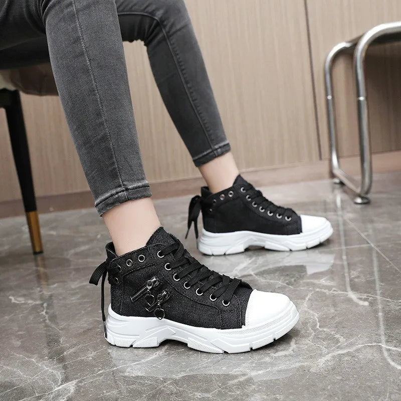 New Canvas High-top Women Shoes 2024 Spring Breathable Denim Sneakers Women Summer Thick Bottom Heightening Sports Casual Shoes