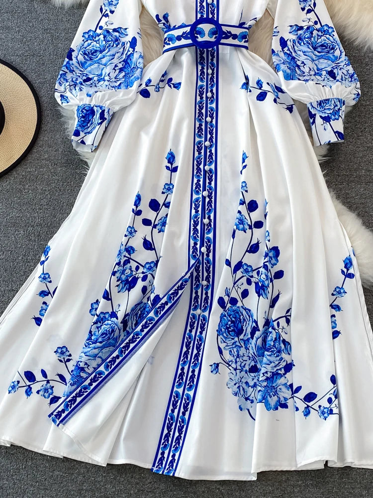 EWQ Chinese Style Print Long Dress For Women Lantern Sleeves Belt Gathered Waist A-line Dresses 2024 Spring New Clothing 27C168