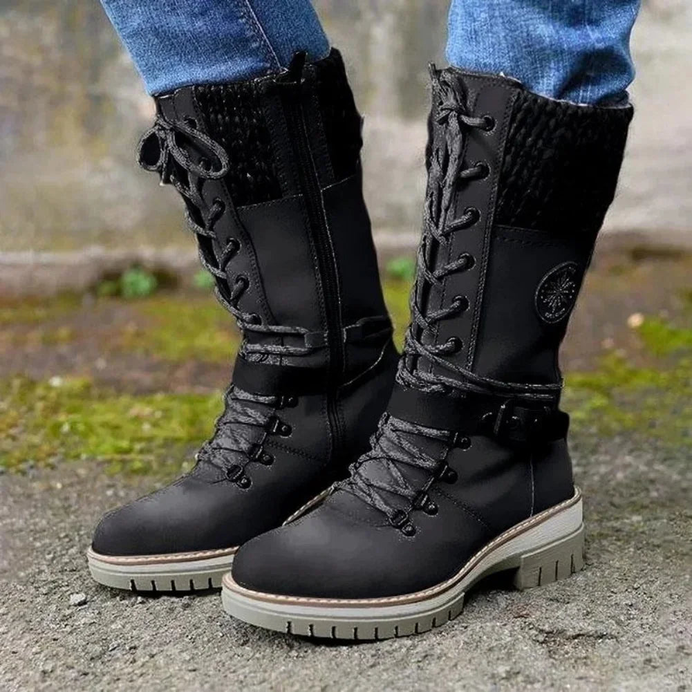 High-quality Winter Warm Boots Women's Winter Side-pull Lace-up Knitted Mid-tube Boots Low-heeled Round-toe Boots Botas De Mujer