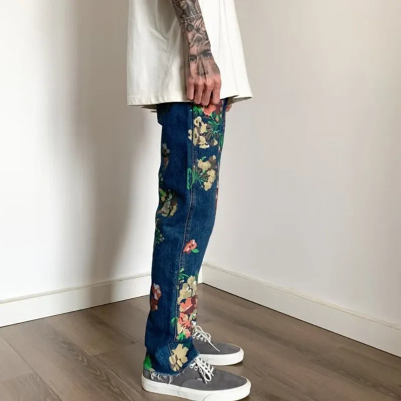 2023 Kanye Y2K Fashion Flowers Print Slim Hip Hop Jeans Pants For Men Clothing Skateboard Streetwear New Rock Denim Trousers