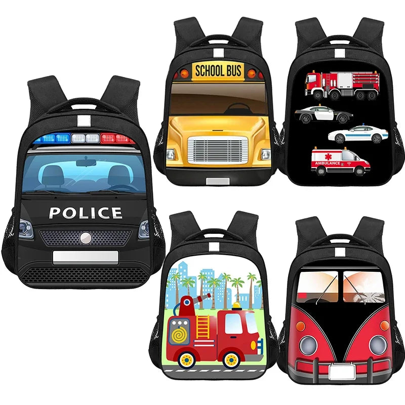 Cartoon Police Car Fire Engine Print Backpack School Bus Children School Bags Boys Girls Kindergarten Bag Student Bookbags Gift