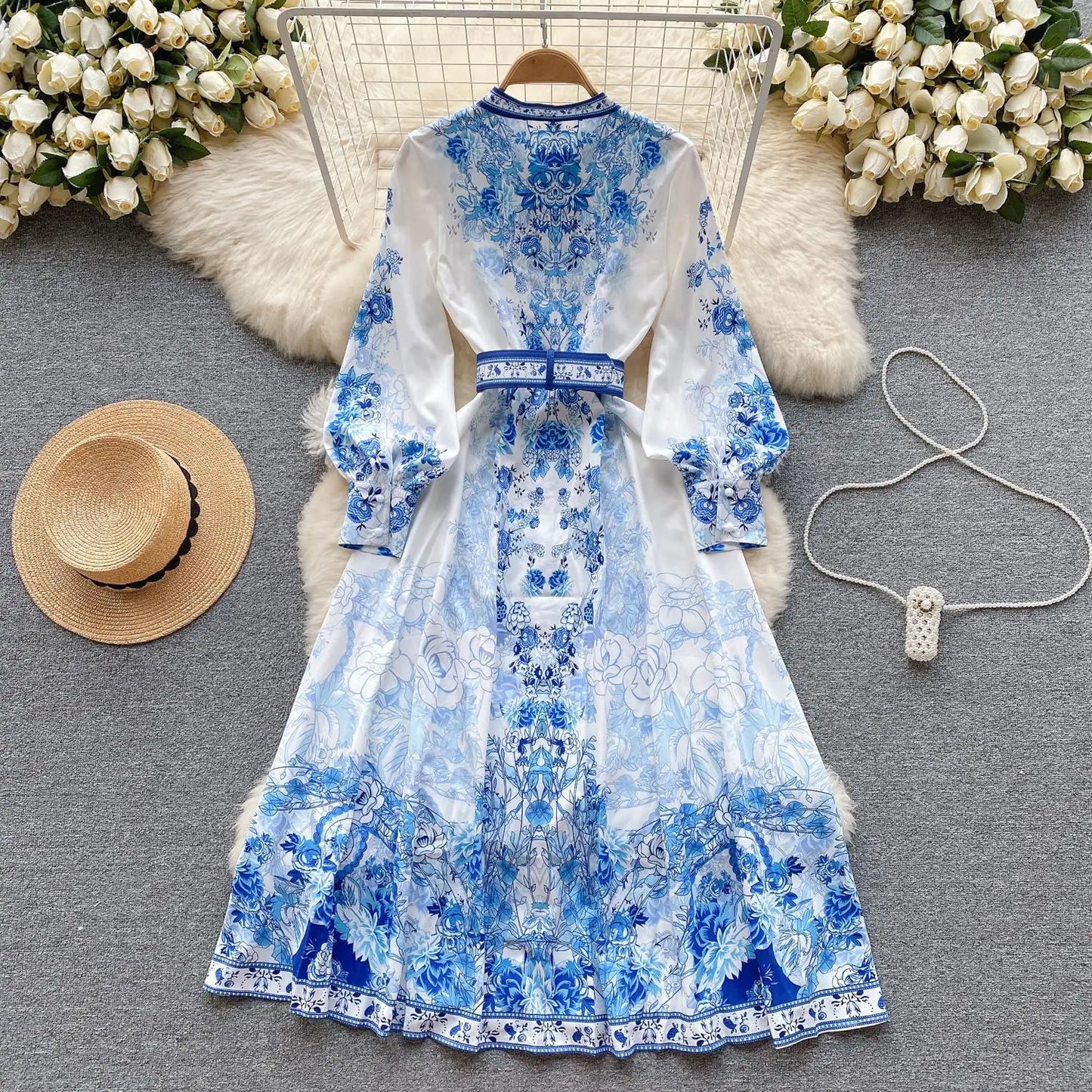 Women's Stand Collar Vintage Midi Shirt Dress Spring Runway Long Lantern Sleeve Flower Print Belt Office Work Vestidos 2353