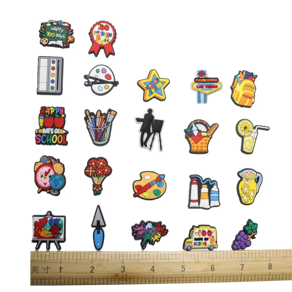 New Arrival 1pcs PVC Shoe Charms Fit Wristbands Drawing Board Paintbrush Grape Schoolbag Drink Paint Hole Slipper Decoration