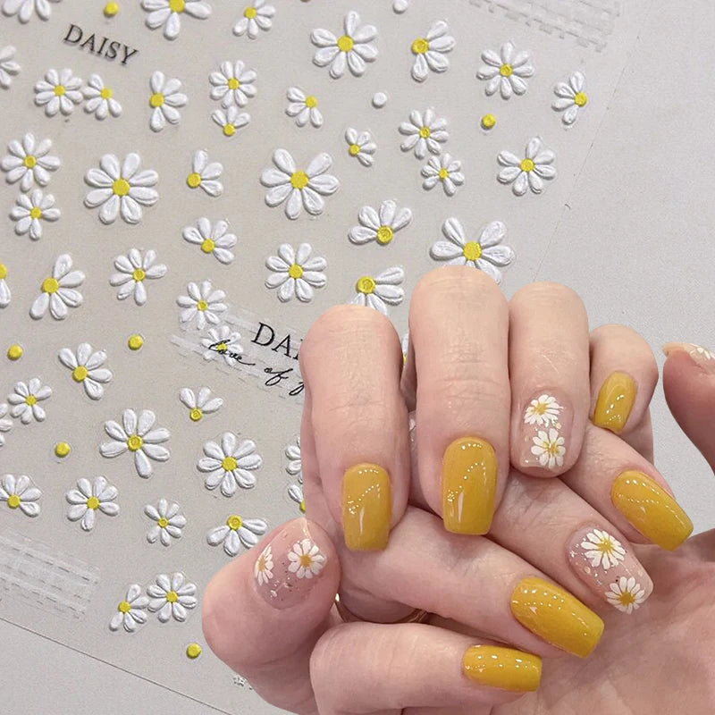 1pc Embossed White Daisy Flower nail Sticker 3D Spring Summer self-adhesive slider Nail Art Decoration Manicure DIY Decals