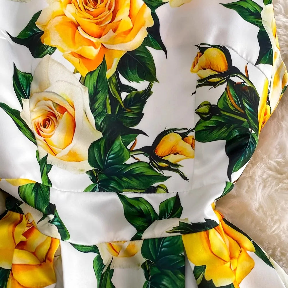 Fashion Runway Summer Midi Long Women Dress O-Neck Sleeveless Elegant Yellow Rose Print  Office Lady Work Wear Vestidos 6839