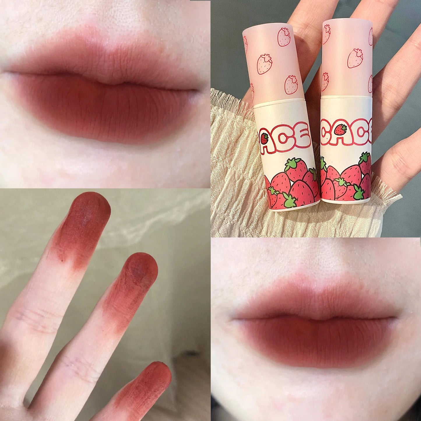 6 Color Brown Pink Lip Glaze Matte Liquid Lipstick Cute Strawberry Waterproof Velvet Nude Red Lip Mud Cheek Rouge Tint Cosmetics