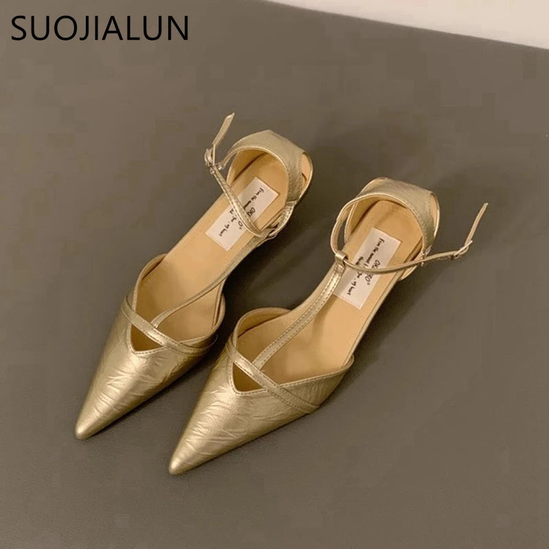 SUOJIALUN Spring New Women Sandal Fashion Pointed Toe Shallow Ladies Elegant Slingback Shoes Thin Low Heel Outdoor Dress Pumps