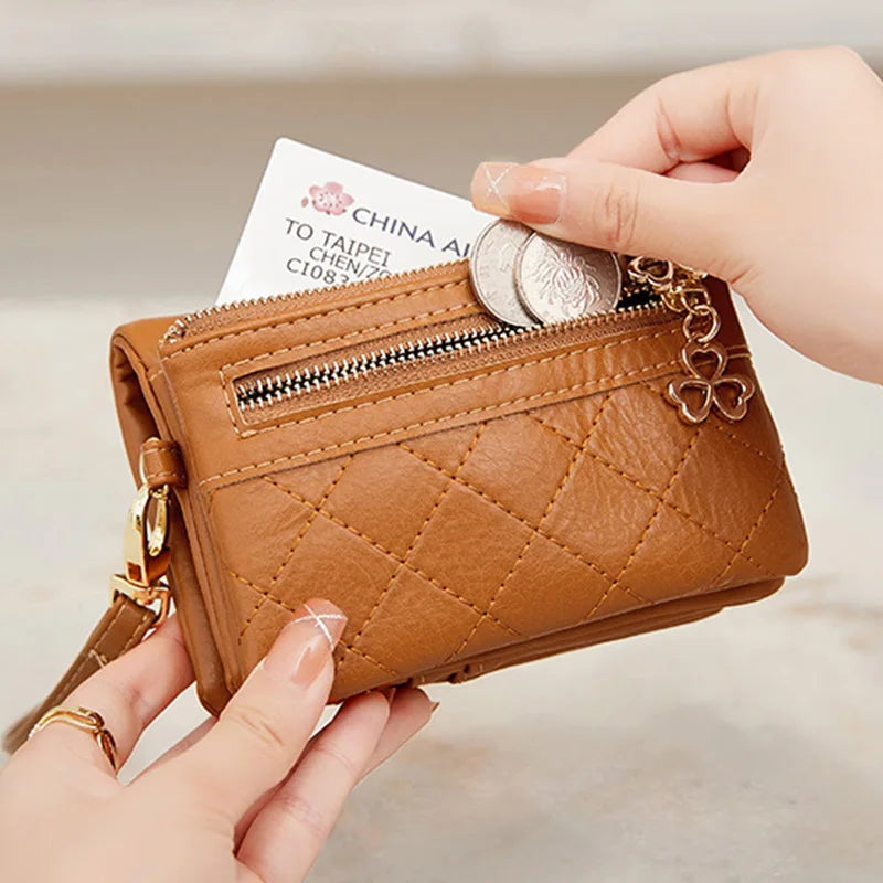 Brand Multifunction Short Purse Fold Women Wallets Soft Leather Double Zipper Wallet With Wrist strap Ladies Carteira Feminina