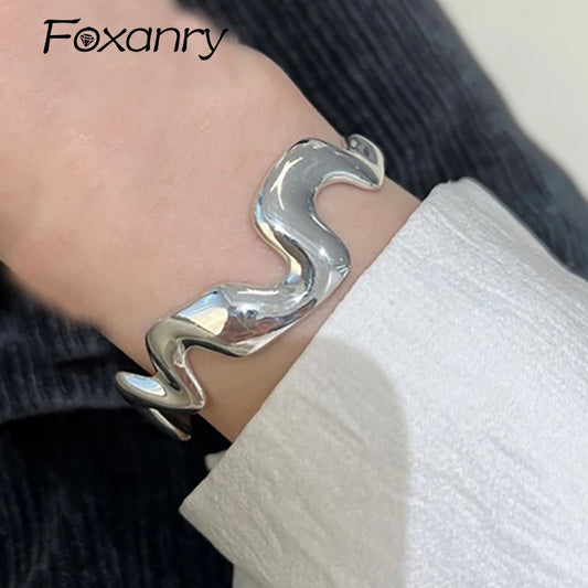 Foxanry Minimalist Silver Color Party Bracelets for Women New Fashion Creative Irregular Geometric Handmade Party Jewelry Gifts