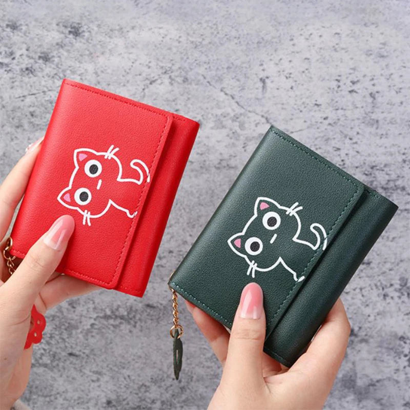 Women Wallet Cute Cat Short Wallet Leather Small Purse Multi Card Holder Money Bag