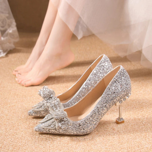 Women's Rhinestone Wedding Shoes New Year Shoes Luxury Buckle Decorative Banquet Women's Shoes High Heels Gold Silver Red