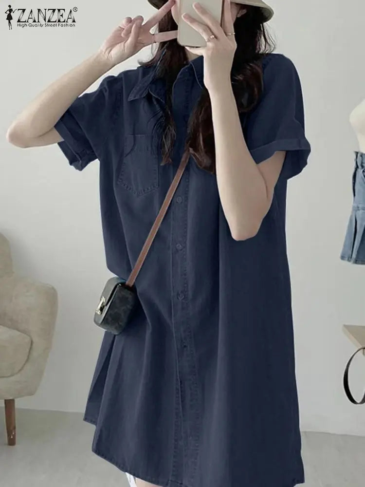 ZANZEA Summer Women Jeans Dress Vintage Short Sleeve Denim Sundress Causal Shirt Vestidos Retro Lapel Kaftan Loose Work Dresses