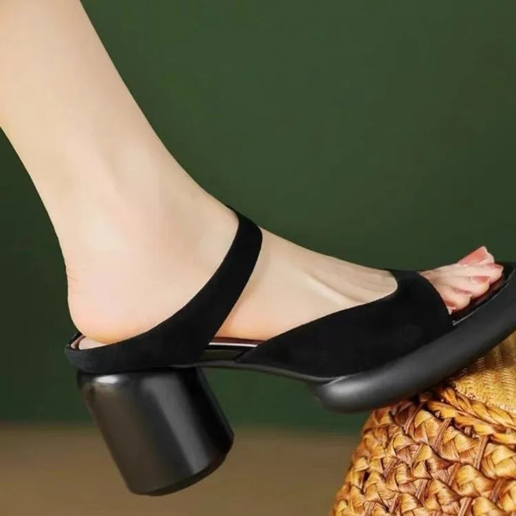 Women's natural suede leather thick high heel open toe sandals narrow band elegant ladies summer high heeled pumps slippers shoe