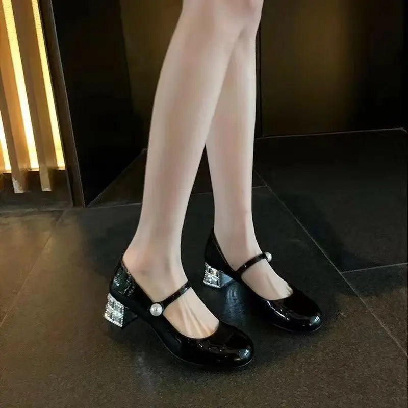 Silver Shoes for Woman 2024 Japanese Style Lolita Round Toe Mary Jane with Medium Heels Women's Summer Footwear Black Gothic A L