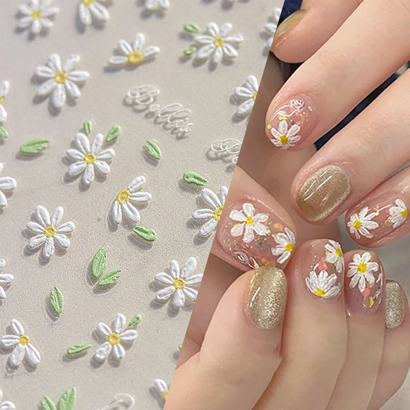 1pc Embossed White Daisy Flower nail Sticker 3D Spring Summer self-adhesive slider Nail Art Decoration Manicure DIY Decals