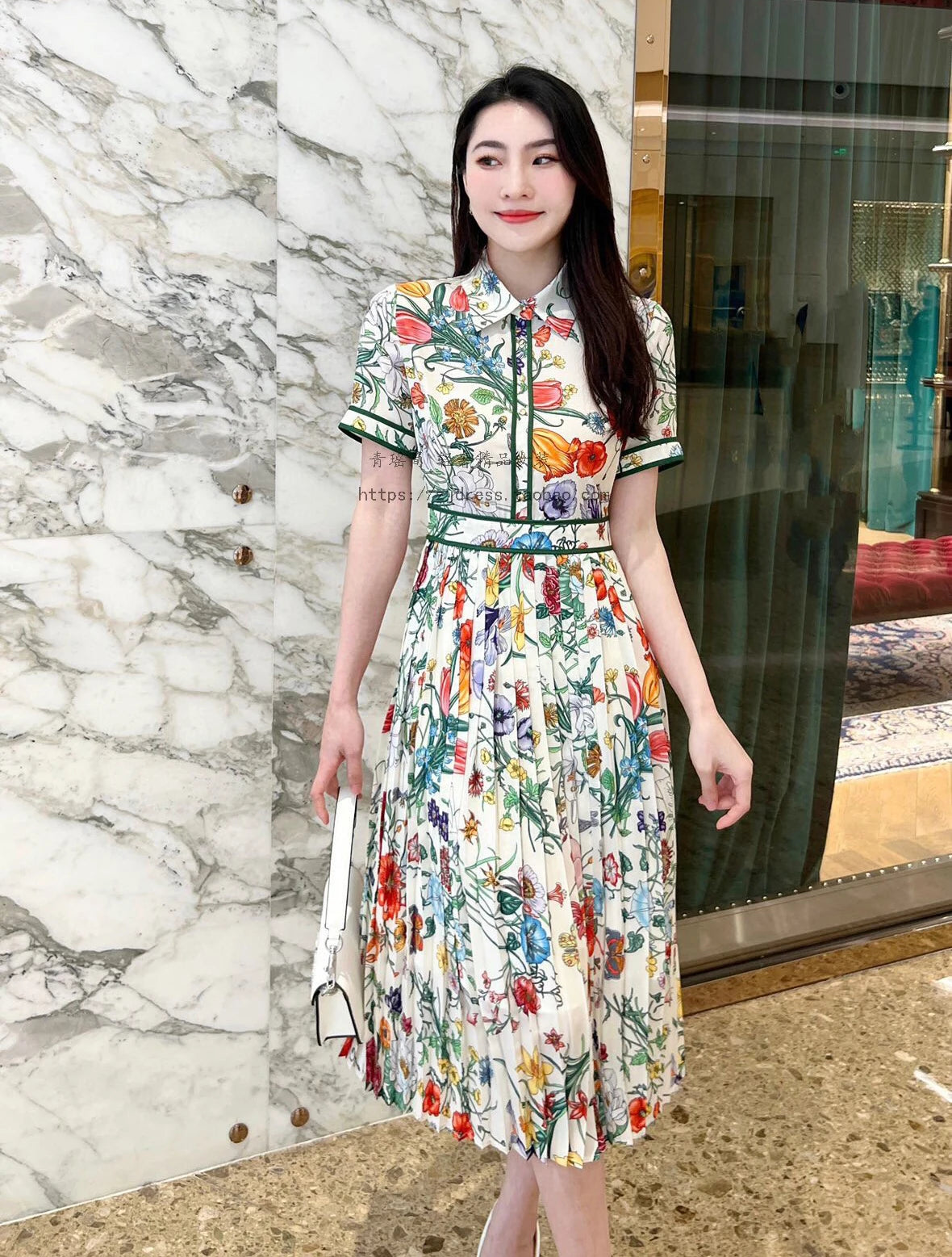 JAMERARY Runway Design Fashion Floral Print Elegant Summer Pleated Midi Long Dress Shirt Street Casual Lady Office Work Dresses