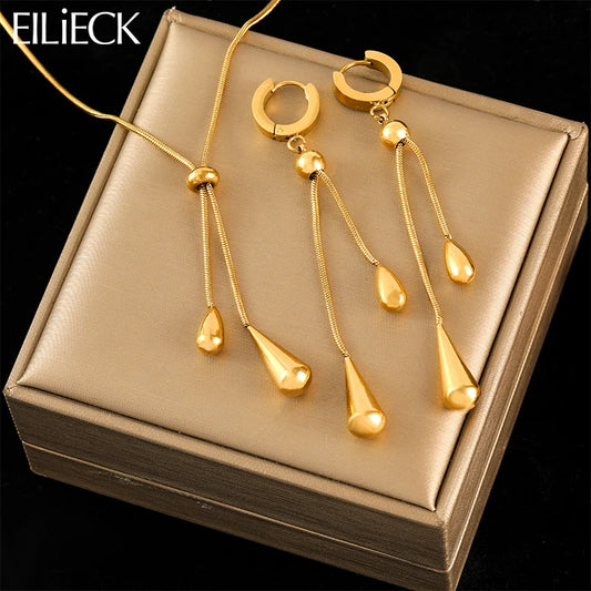 EILIECK 316L Stainless Steel Geometric Teardrop Tassel Necklace Earrings For Women New Party Gift Gold Color Waterproof Jewelry